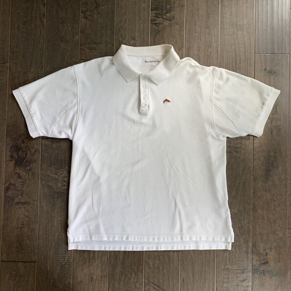 Simms 3XDRY‎ Fishing Polo Shirt Mens Large Short Sleeve Cotton White Outdoor